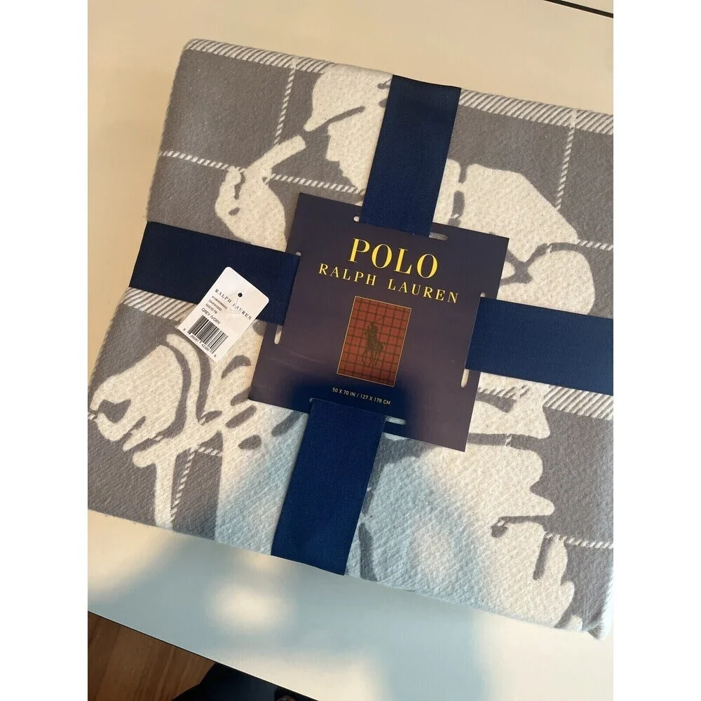 New Polo Ralph Lauren Home Oakwood Throw Grey Ivory Plaid Pony Blanket 50 X 70